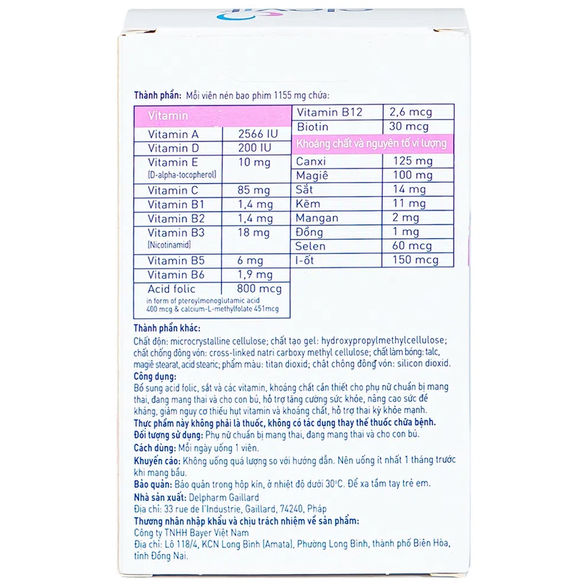 Vitamin tổng hợp Elevit 30 viên – Bổ sung vitamin và khoáng chất cho phụ nữ chuẩn bị mang thai, mang thai và cho con bú - mặt sau