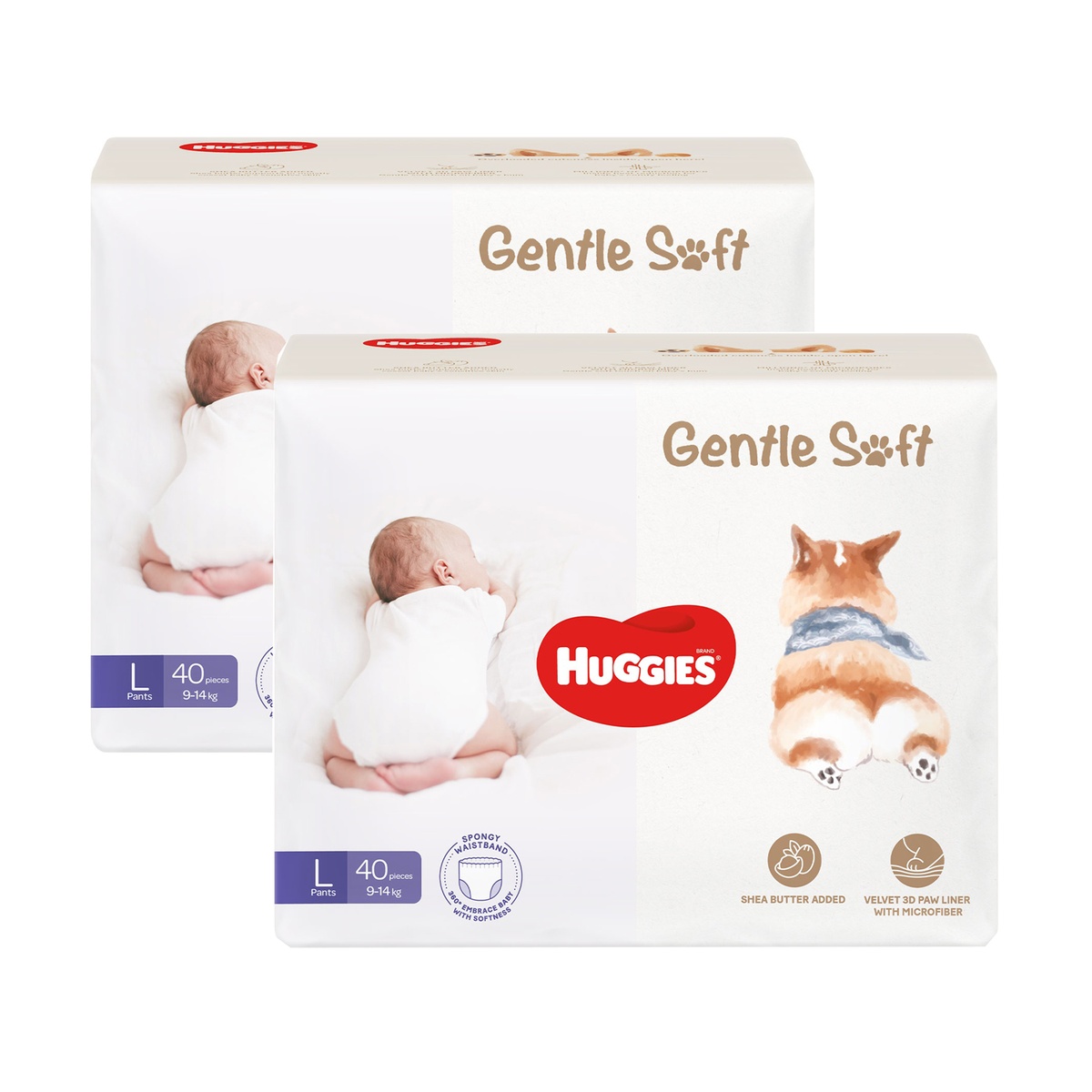 [Combo 2 bịch] Bỉm - Tã quần Huggies Gentle Soft Corgi size L40 (9-14kg) - mặt trước