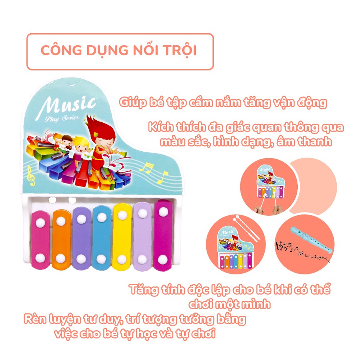 Sét đàn gỗ Xylophone kèm sáo và lục lạc 682-9 - góc nghiêng