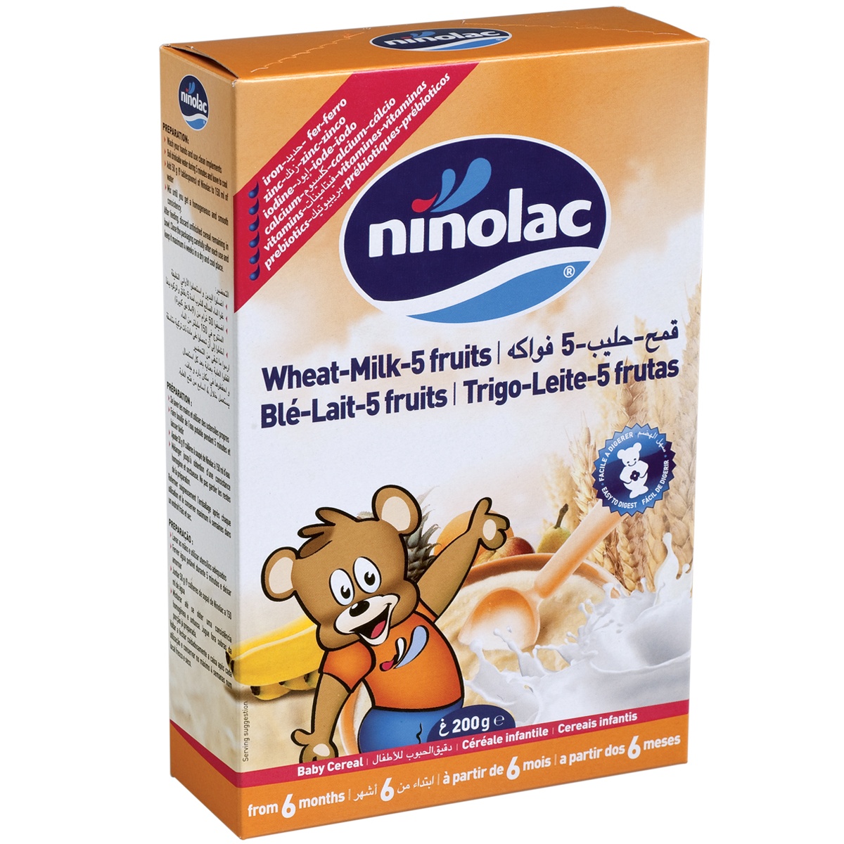 Bột ăn dặm Ninolac Wheat Milk 5 Fruits hộp 200gr - mặt trước