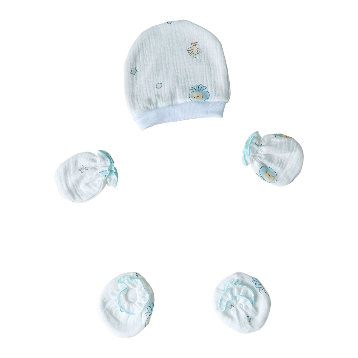 Set mũ và bao tay, bao chân nhiều họa tiết Muslin AC25 (Mẫu ngẫu nhiên) - mặt trái