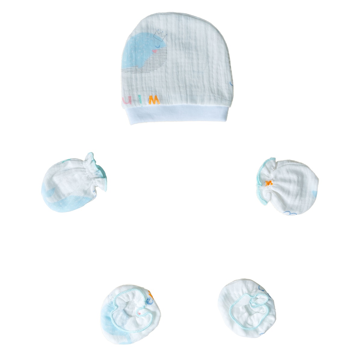 Set mũ và bao tay, bao chân nhiều họa tiết Muslin AC25 (Mẫu ngẫu nhiên) - mặt phải