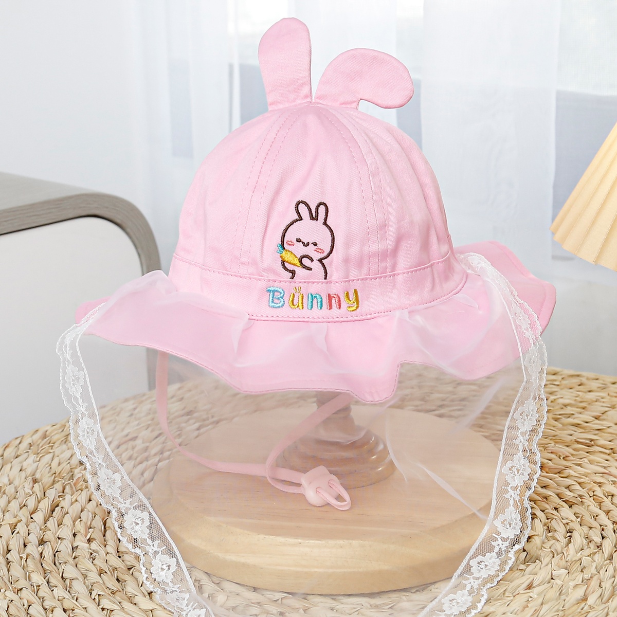 Mũ vành bé gái phủ voan Kidsplaza thêu bunny DN25 (Màu hồng đậm) - mặt trước