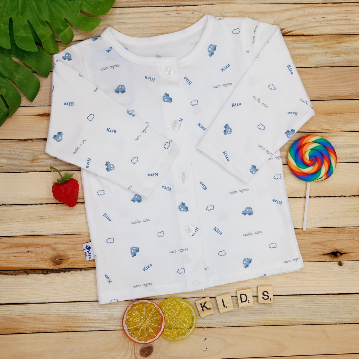 Áo sơ sinh dài tay Kiza in hình Ô Tô (Trắng Xanh) 6-9M - mặt trước