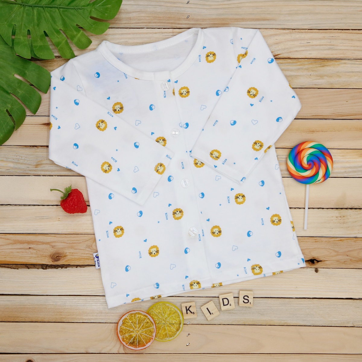 Áo sơ sinh dài tay Kiza in sư tử (Trắng cam) 6-9M - mặt trái