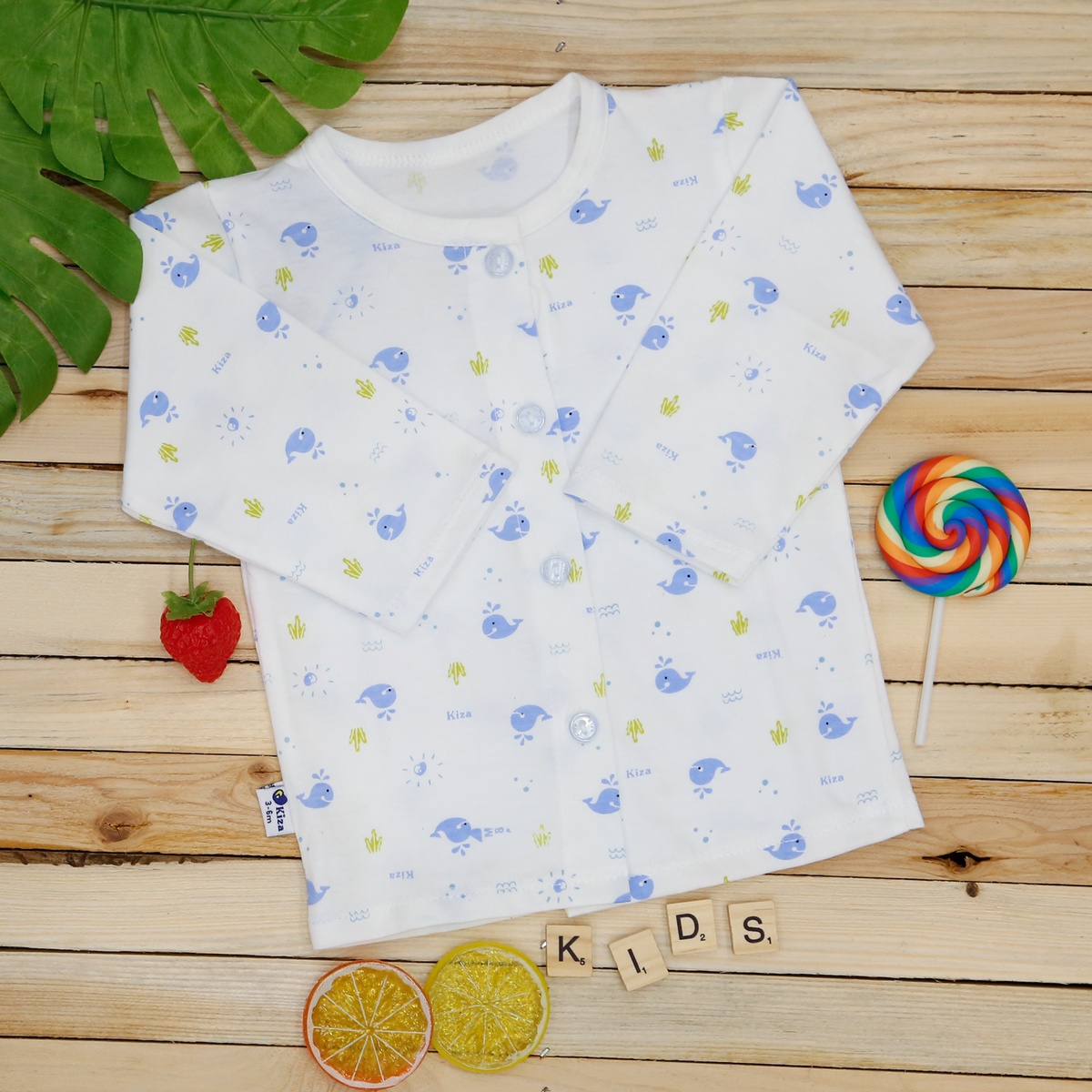 Áo sơ sinh dài tay Kiza in hình cá heo 6-9M (Trắng Xanh)