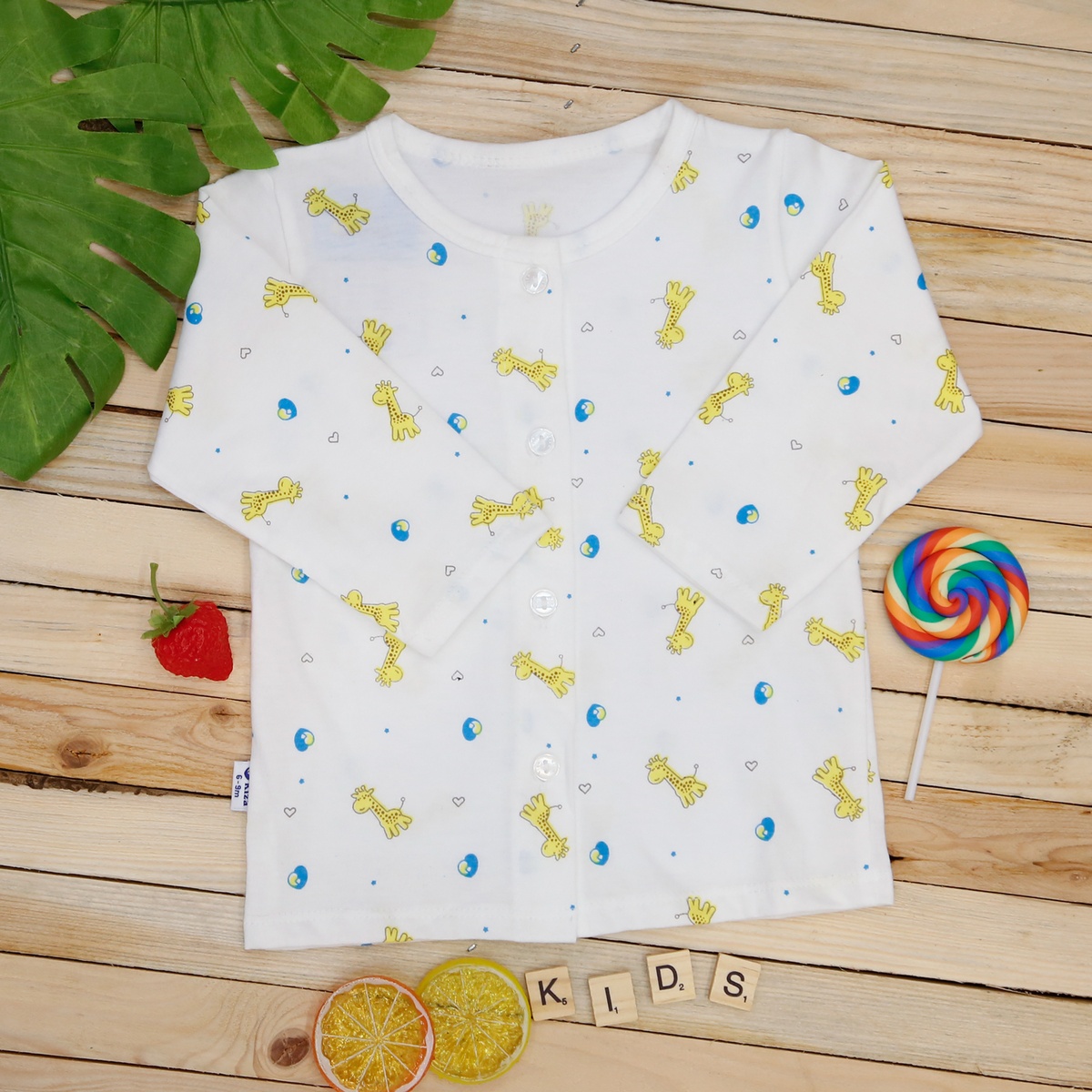 Áo dài tay sơ sinh Kiza in hình hươu cao cổ 6-9M (Trắng Vàng)