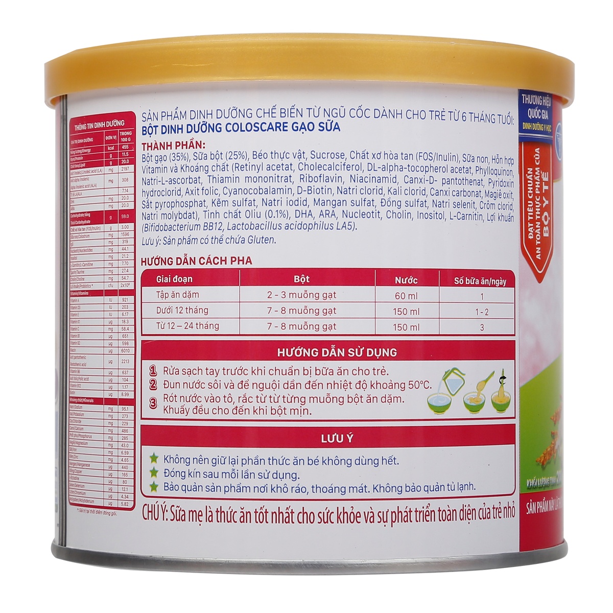 Bột ăn dặm ColosCare vị gạo sữa 200g - mặt trái