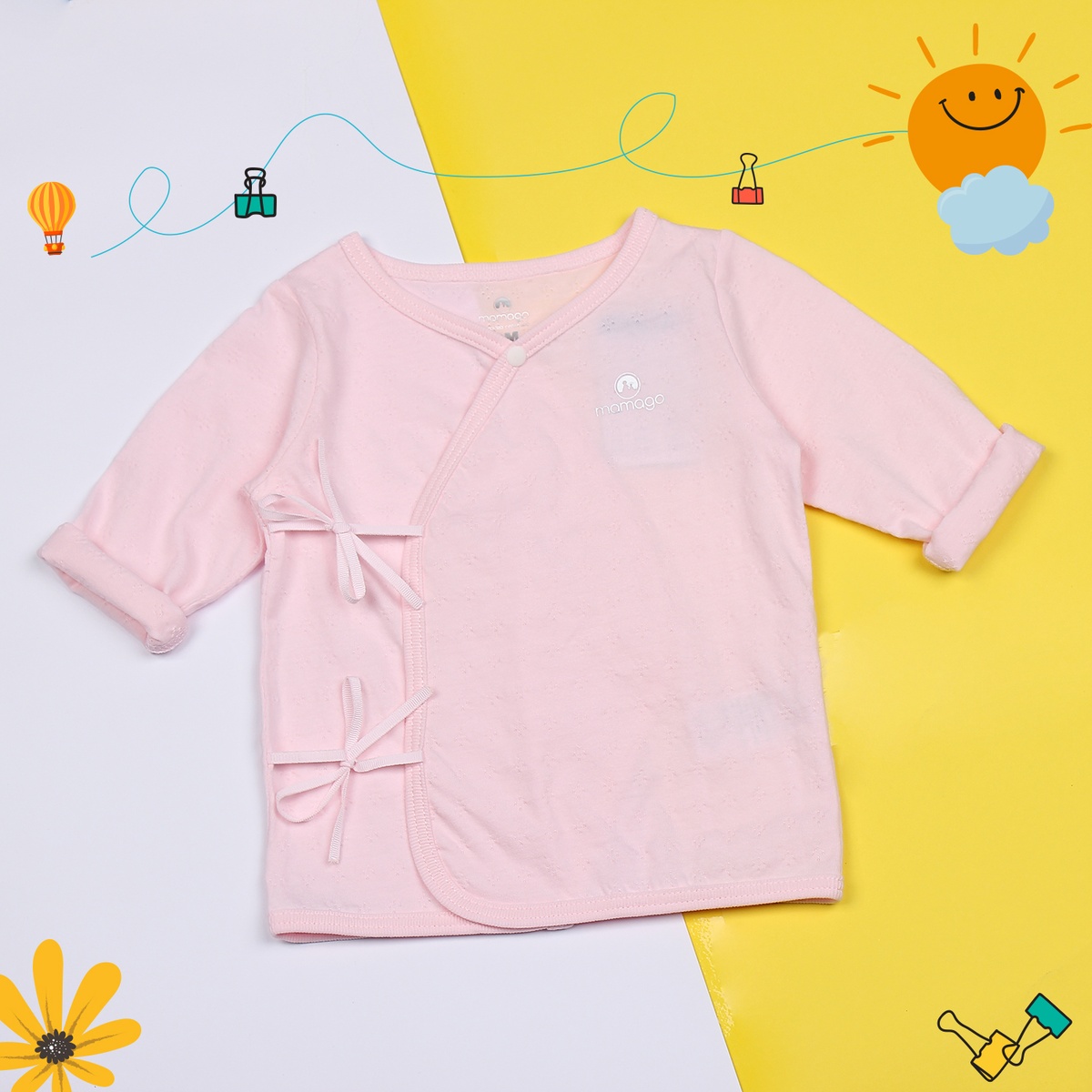 Áo sơ sinh buộc dây cài chéo tay dài Mamago vivian K19 (Hồng) - mặt trước