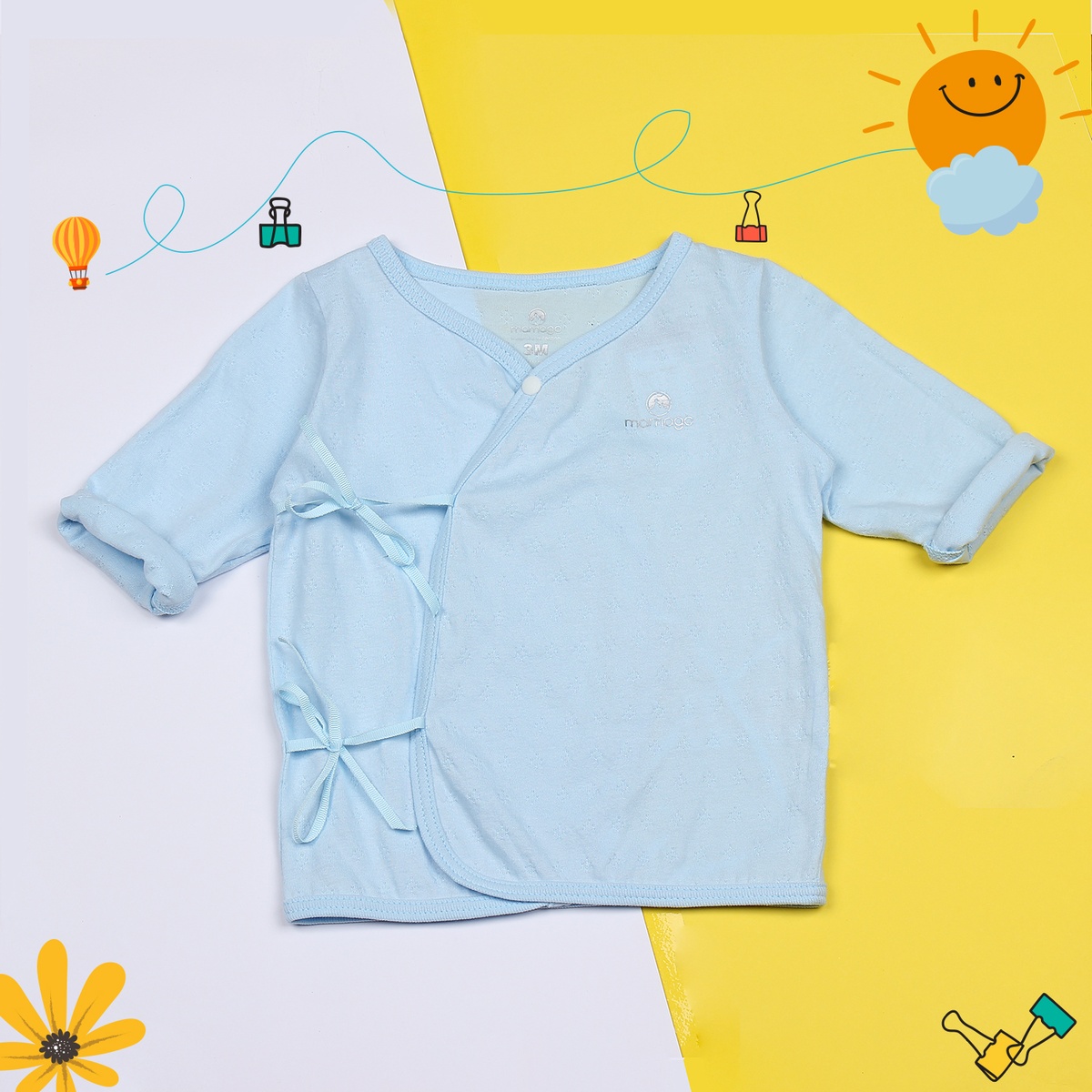Áo sơ sinh buộc dây cài chéo tay dài Mamago vivian K19 (Xanh)  - mặt trước
