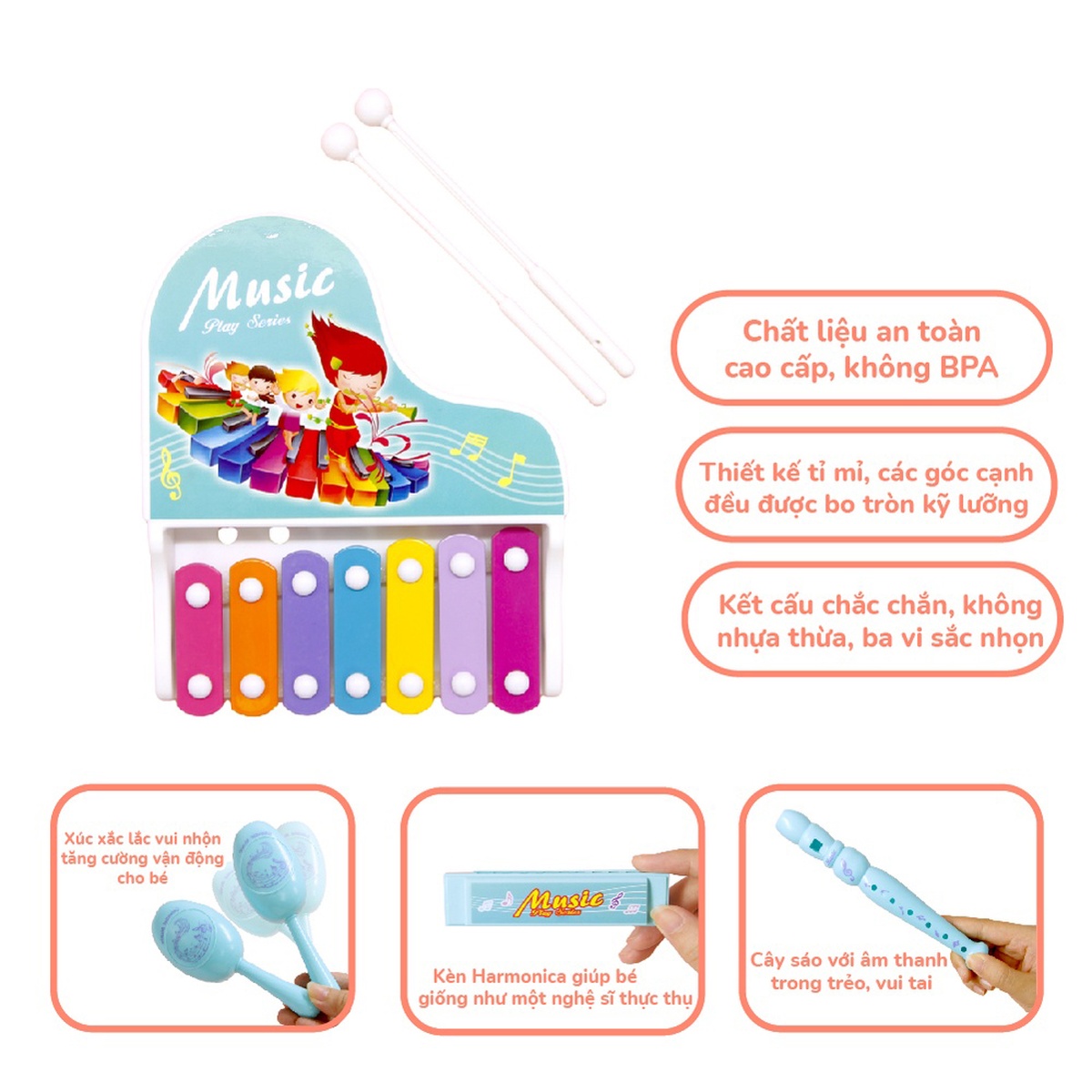 Sét đàn gỗ Xylophone kèm sáo và lục lạc 682-9 - mặt sau