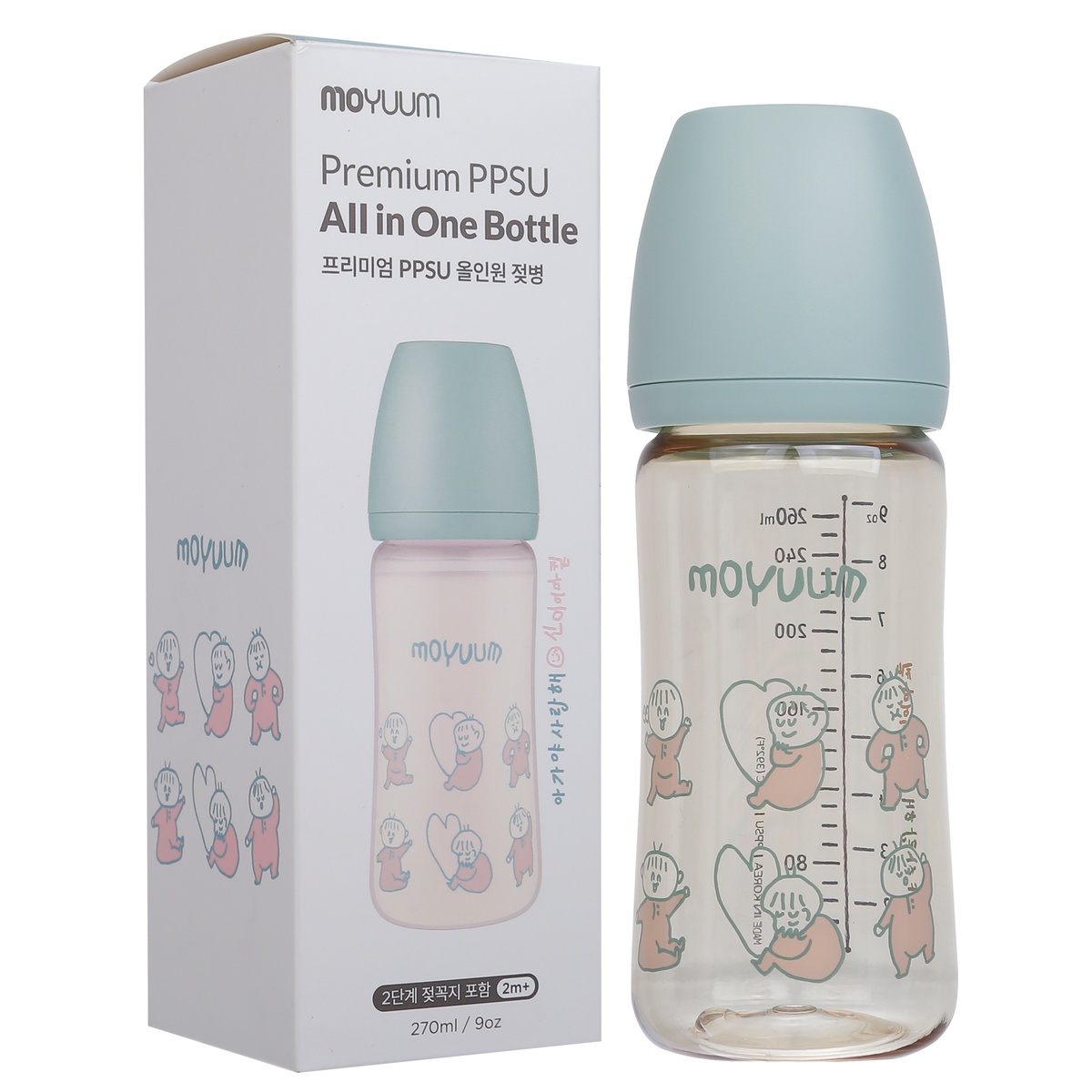 Bình sữa Moyuum Ogu Ogu xanh 270ml - mặt trước