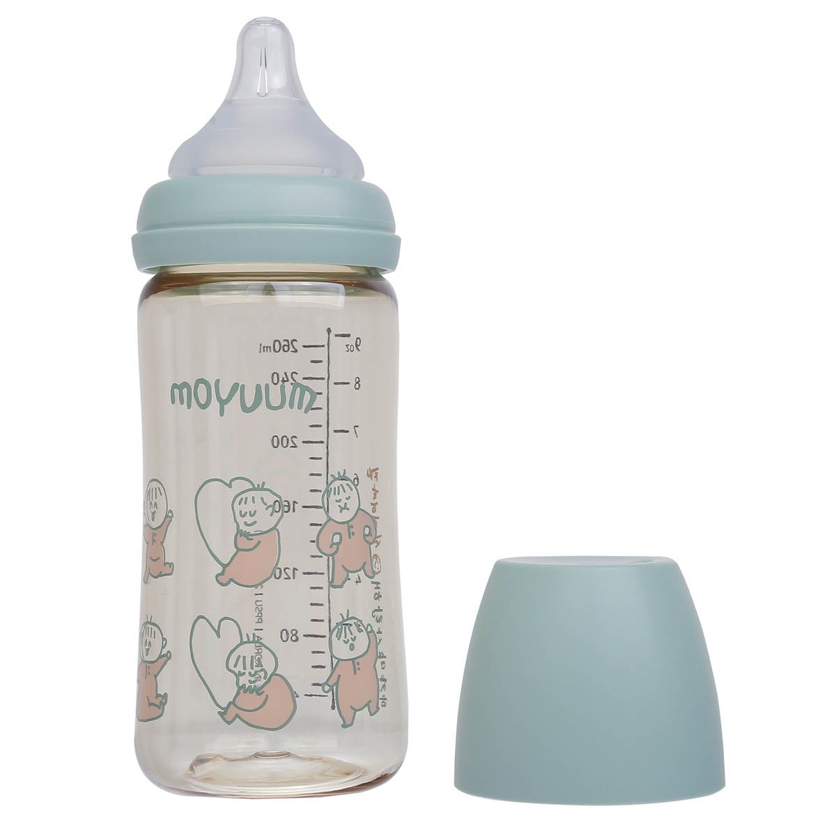 Bình sữa Moyuum Ogu Ogu xanh 270ml - mặt sau