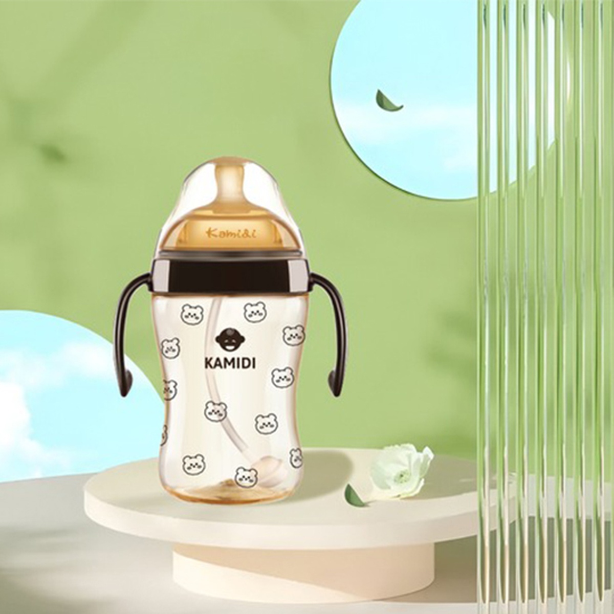 Bình sữa Kamidi PPSU in hình họa tiết gấu 300ml - mặt trái