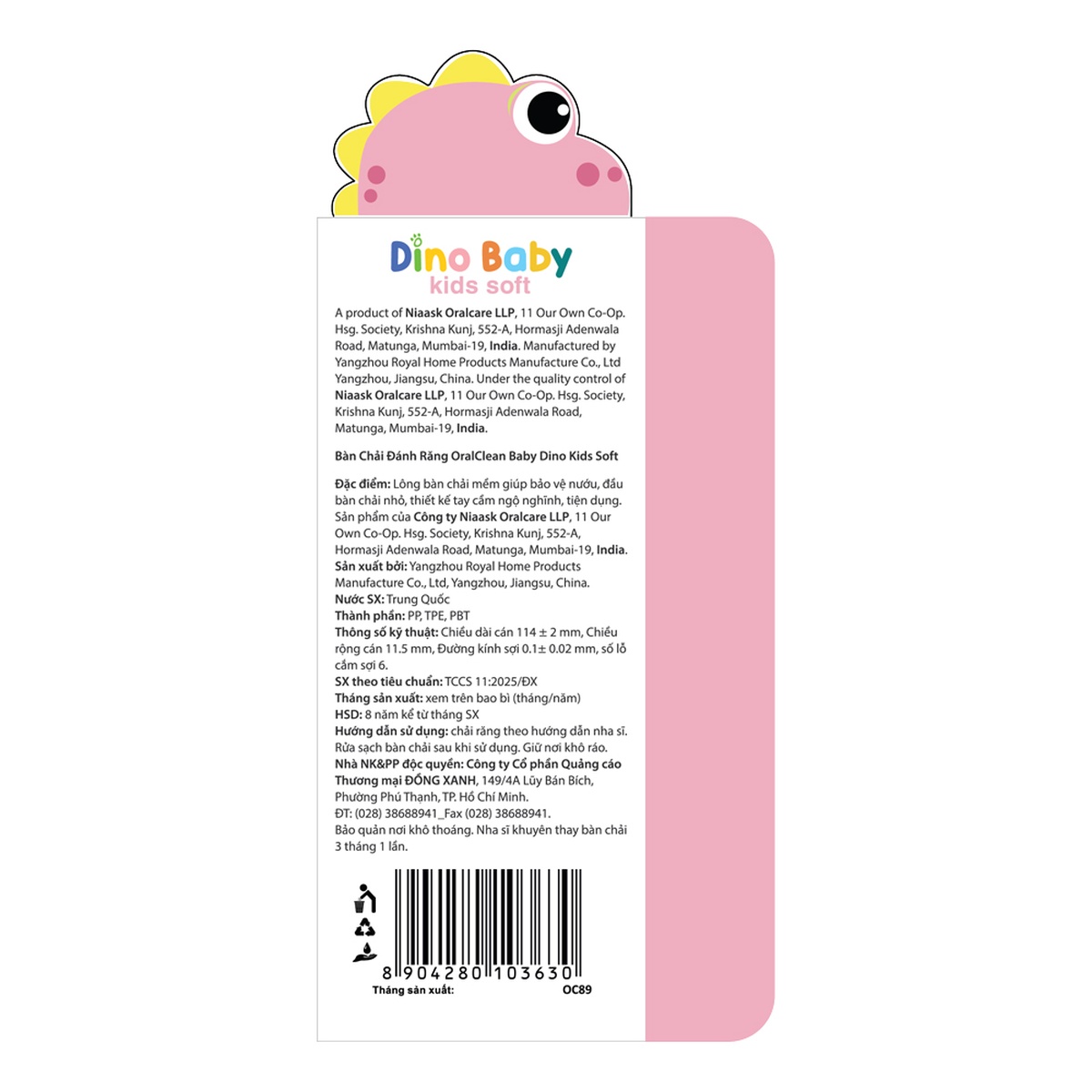 Bàn chải đánh răng OralClean Dino Baby Soft 6M+ (Màu ngẫu nhiên) - mặt sau