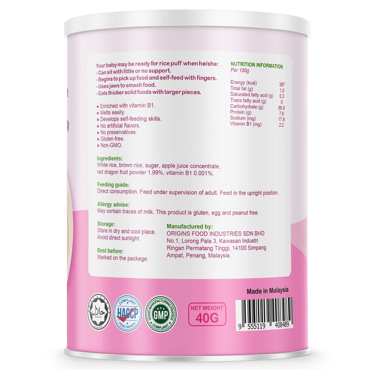 Bánh gạo Babba's Baby vị thanh long 40g - mặt trái