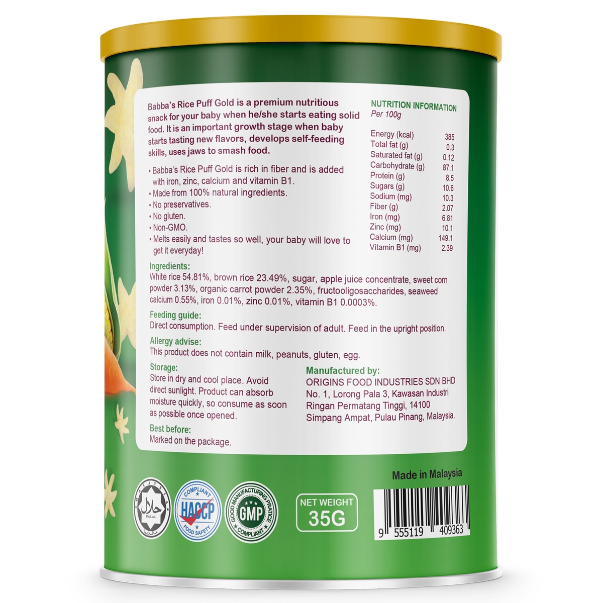 Bánh gạo Babba's gold vị ngô, cà rốt 35g - mặt trái