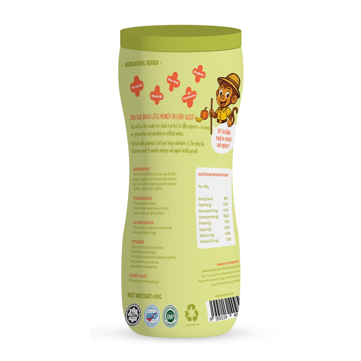Bánh gạo Babba's vị chuối, bí đỏ 45g 6M+ - mặt trái