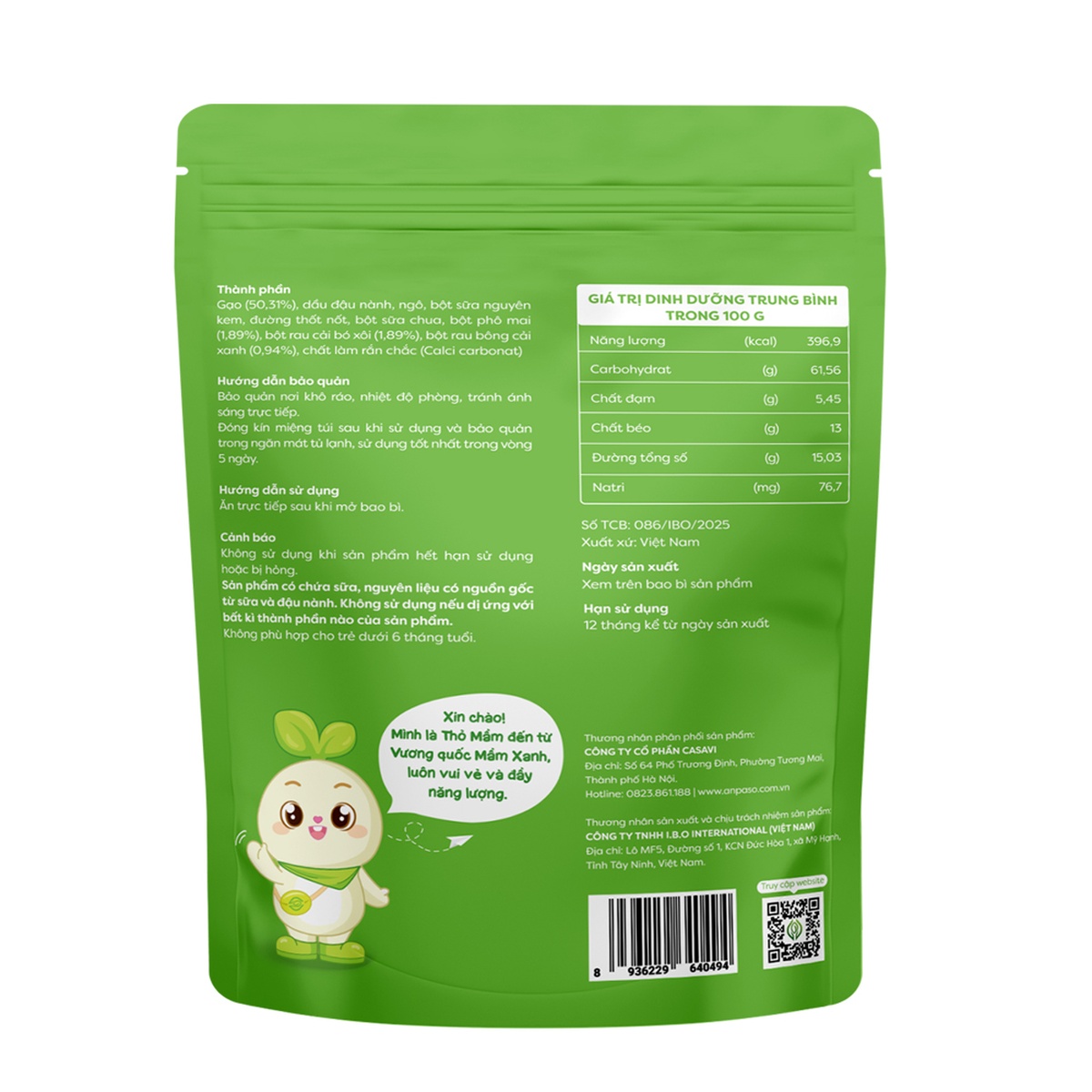 Bánh gạo ăn dặm Anpaso vị phô mai rau xanh 30g dành cho bé 6M+ - mặt trái