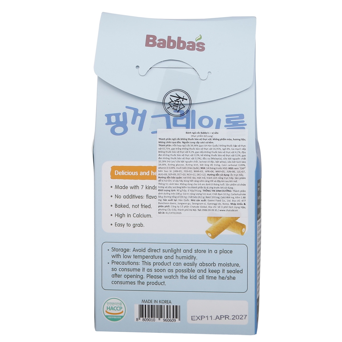 Bánh ngũ cốc Babba's Baby vị sữa 40g dành cho bé 8M+ - mặt trái