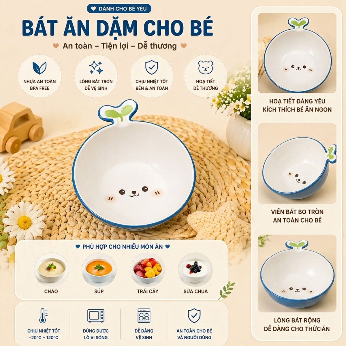Bát ăn cho bé Mamago Blue Bear 148g - mặt trái