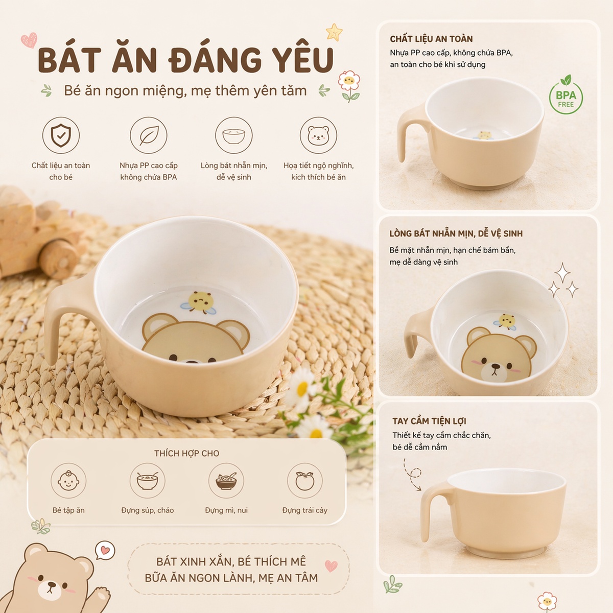Bát ăn cho bé Mamago Cute Bear 1 tay cầm 145g - mặt sau