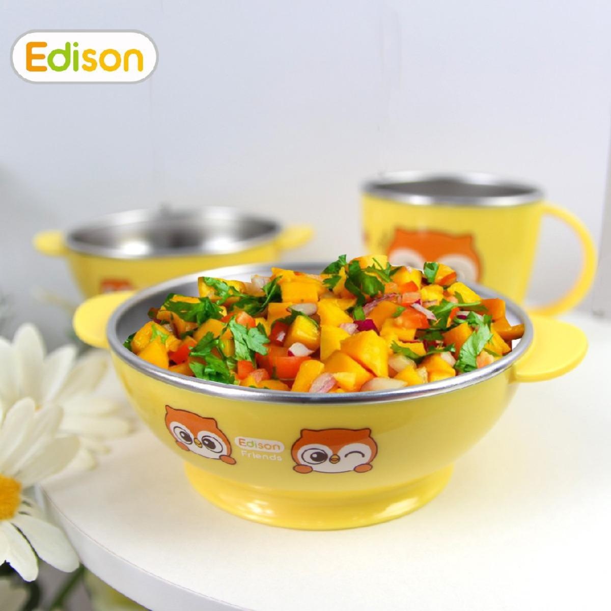 Bát ăn inox Edison chống trượt hình cú mèo cho bé - mặt trái