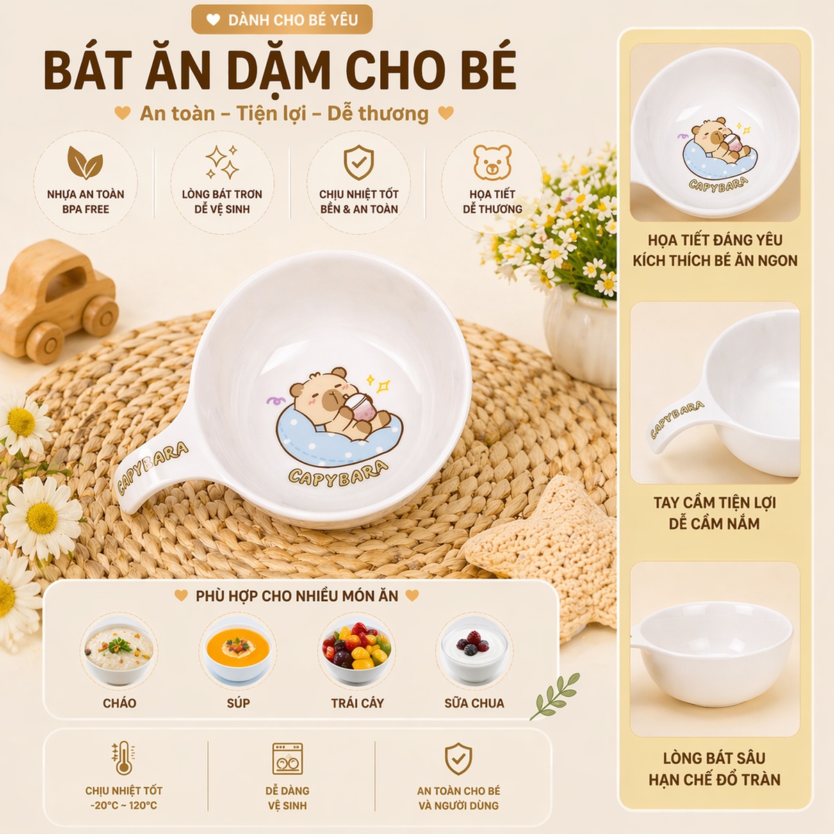 Bát ăn cho bé Mamago Capybara 1 tay cầm 110g - mặt trái