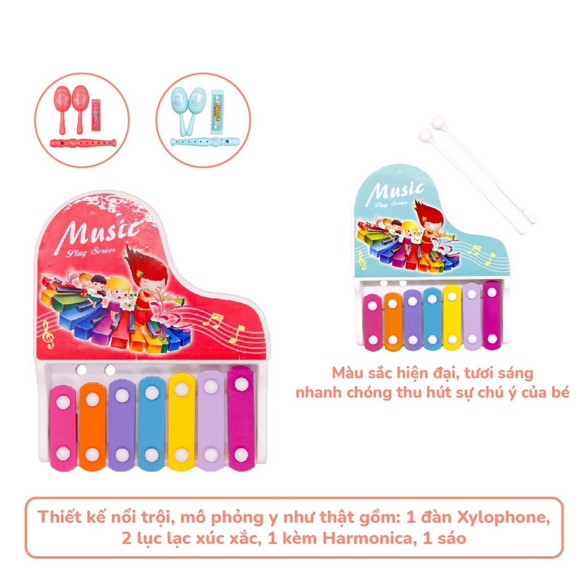 Sét đàn gỗ Xylophone kèm sáo và lục lạc 682-9 - hình 6
