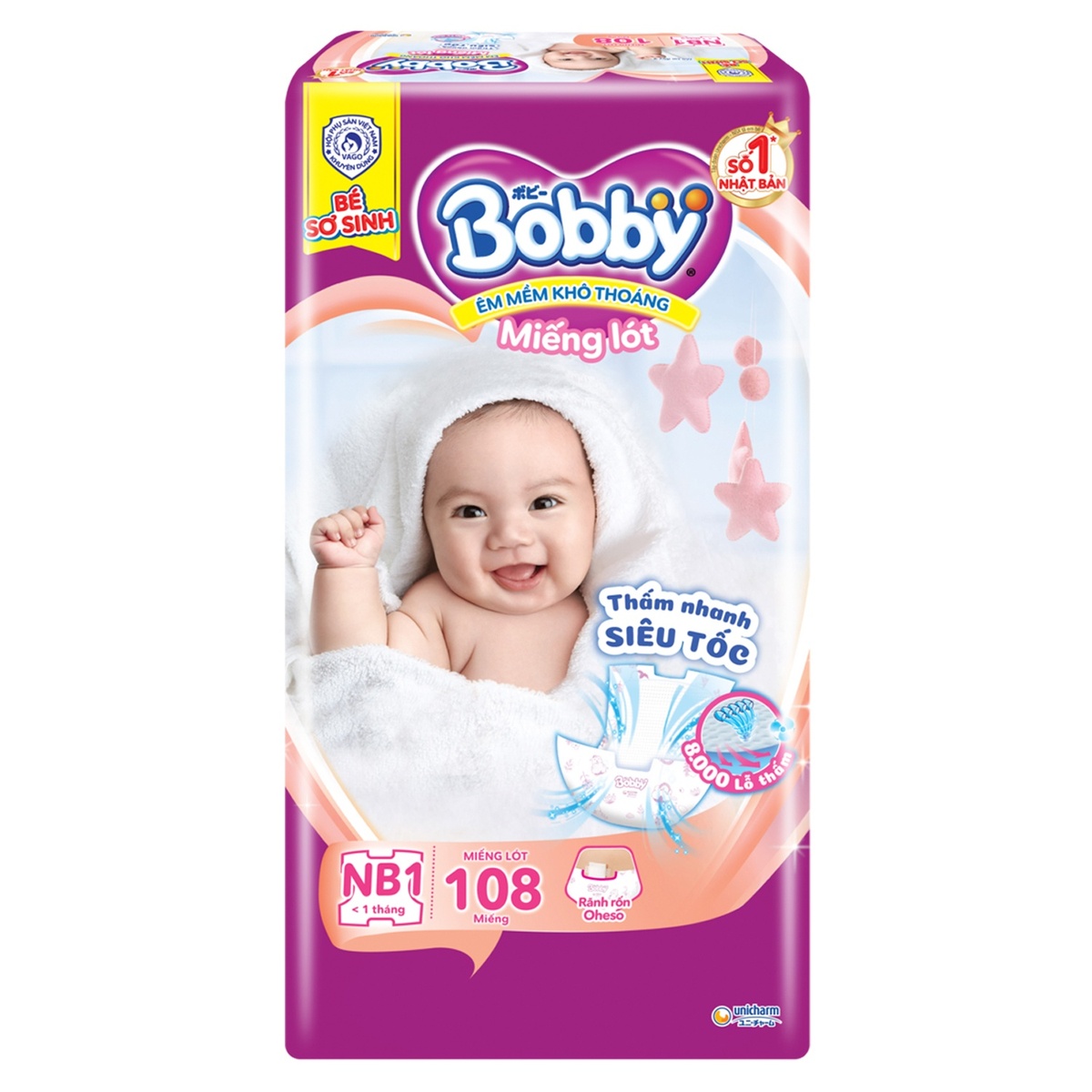 Miếng lót sơ sinh Bobby Newborn 1 New 108pcs  - mặt trái