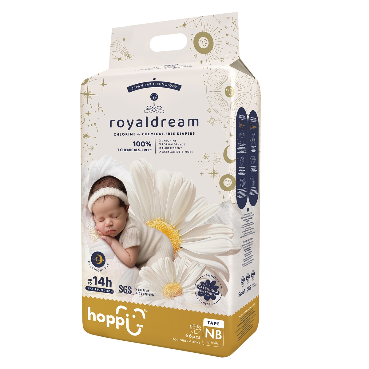 Bỉm - Tã dán Hoppi RoyalDream cao cấp size NB 66 miếng (cho trẻ <= 5kg) )