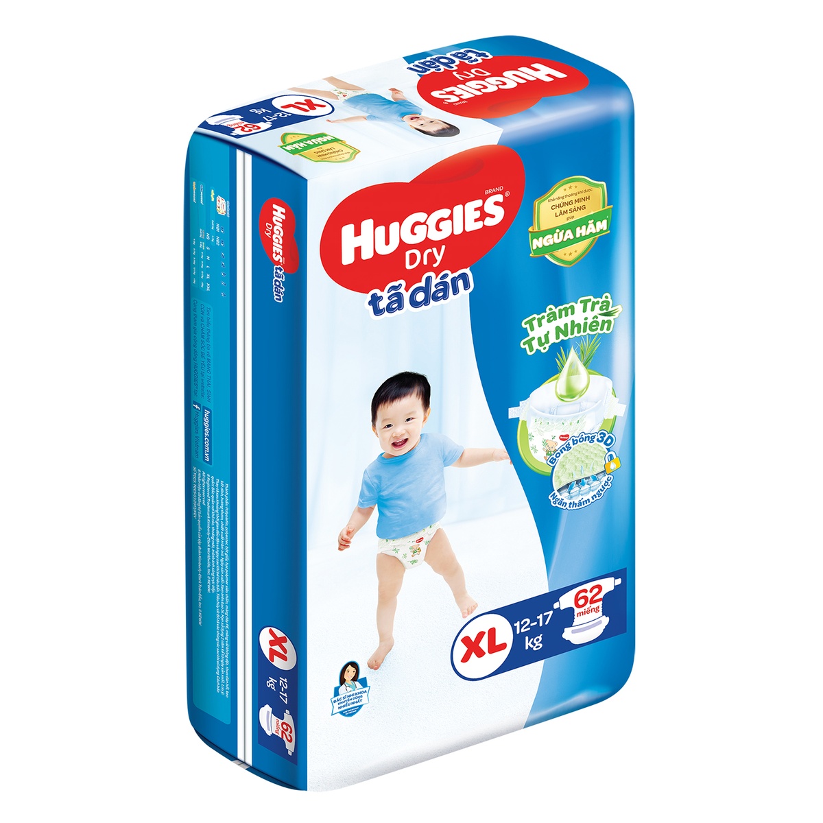 Bỉm - Tã dán Huggies tràm trà size XL 60 miếng (cho bé 12 - 17kg) - góc nghiêng