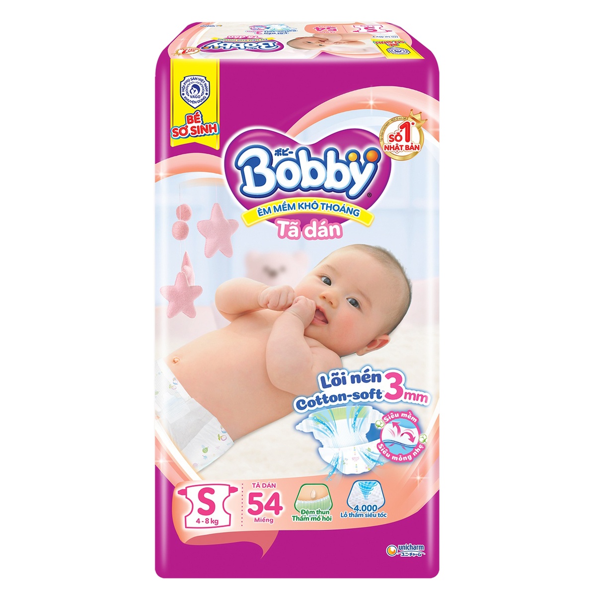 Bỉm - Tã dán Bobby size S 54 miếng (cho bé 4 - 8kg) - mặt trái