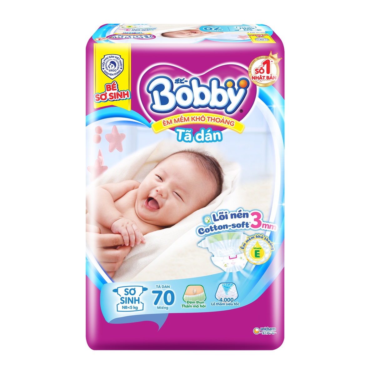 Bỉm - Tã dán Bobby size NB 70 miếng (cho bé <5kg) - mặt trái