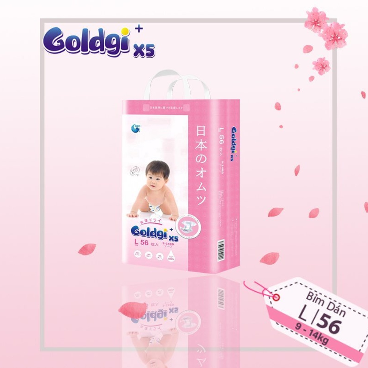 Bỉm - Tã dán Goldgi+ X5 size L 56 miếng (cho bé 9 - 14kg) - mặt trái