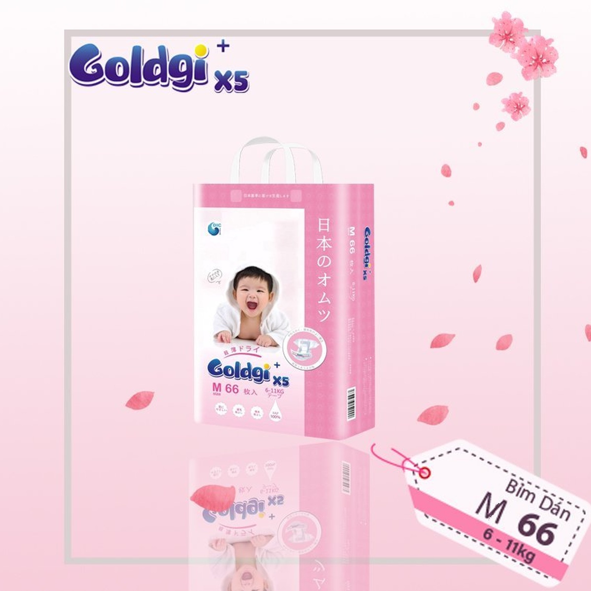 Bỉm - Tã dán Goldgi+ X5 size M 66 miếng (cho bé 6 - 11kg) - mặt trái