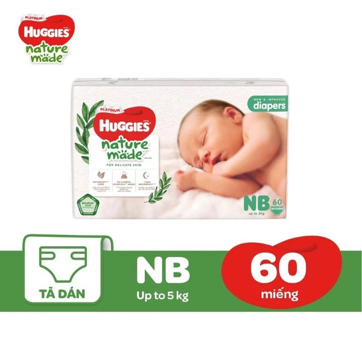 Bỉm/ tã dán Huggies Naturemade size NB60 (cho bé dưới 5kg) - EC - mặt trái
