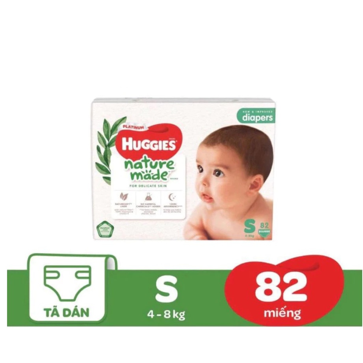 Bỉm/ tã dán Huggies Naturemade size S82 (cho bé từ 4 - 8 kg) - EC - mặt trái