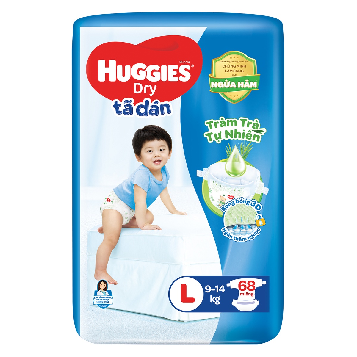Bỉm - Tã dán Huggies tràm trà size L 68 miếng (cho bé 9 - 14kg) - góc nghiêng