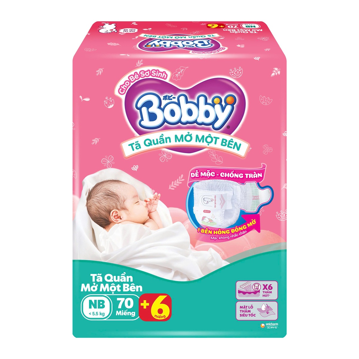 Bỉm - Tã quần Bobby mở một bên size Newborn 70 miếng (cho bé từ < 5.5kg) - mặt trái