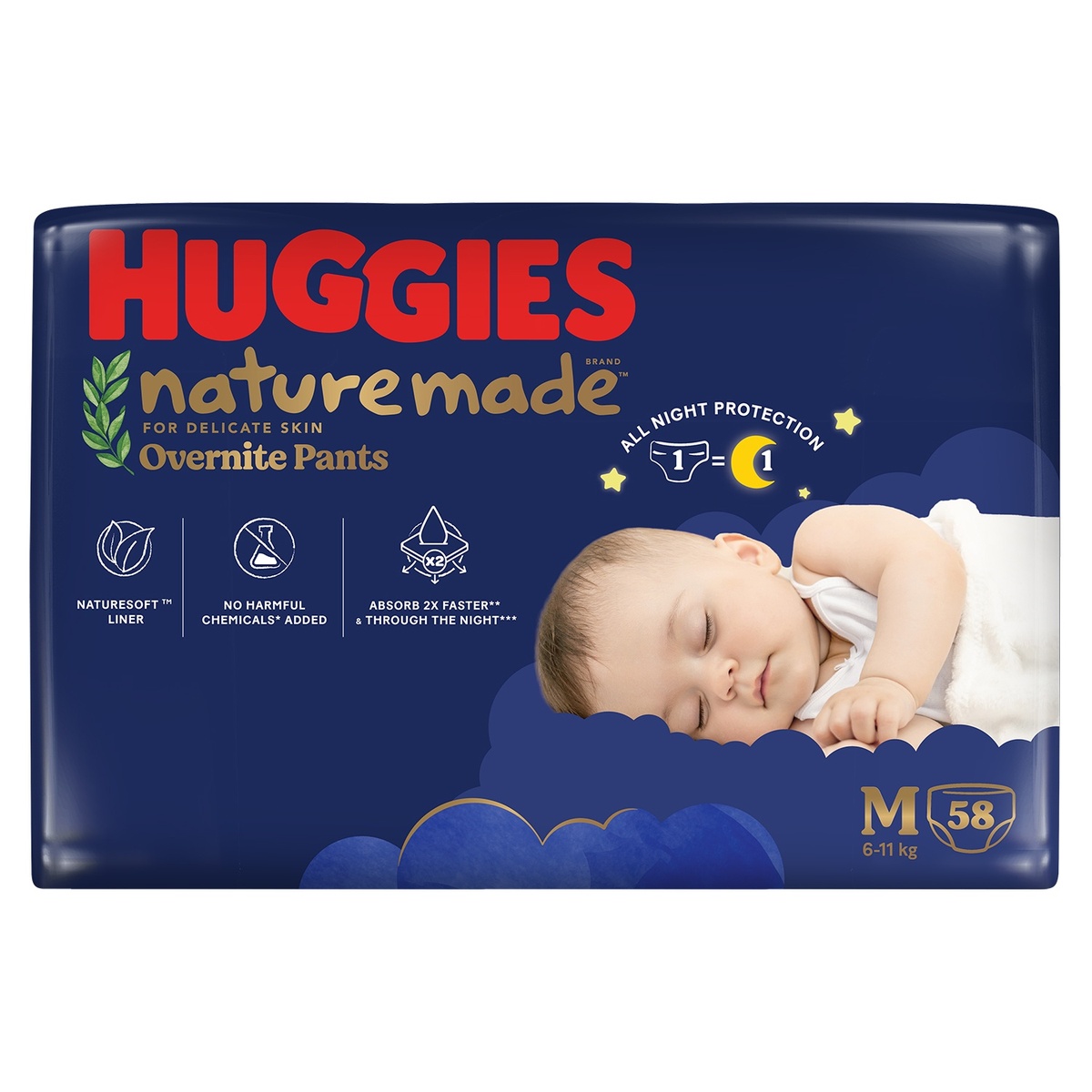 Bỉm/ tã quần Huggies Naturemade ban đêm size M58 (cho bé từ 6-11kg) - EC - mặt trái