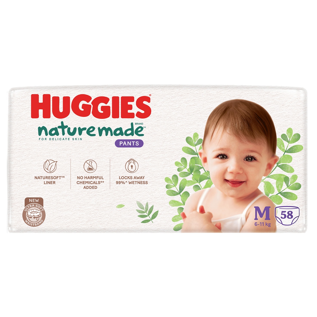 Bỉm/ tã quần Huggies Naturemade size M58 (cho bé từ 6-11kg) - EC - mặt trái