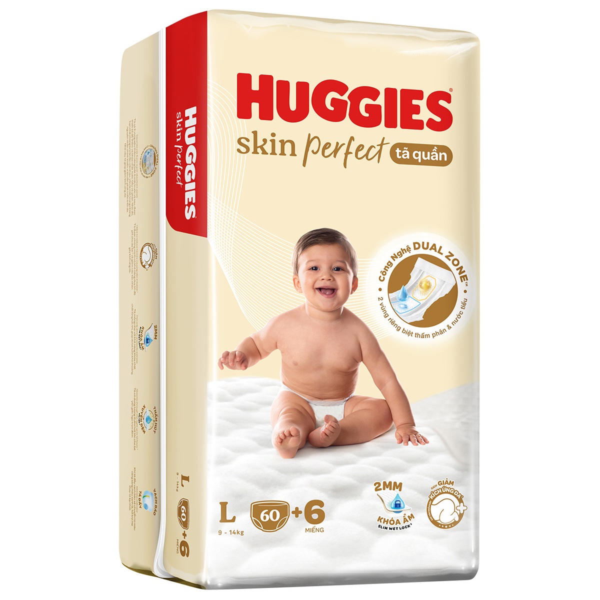 Bỉm - Tã quần Huggies Skin Perfect size L60-66 miếng (cho bé 9 - 14kg) - mặt trái