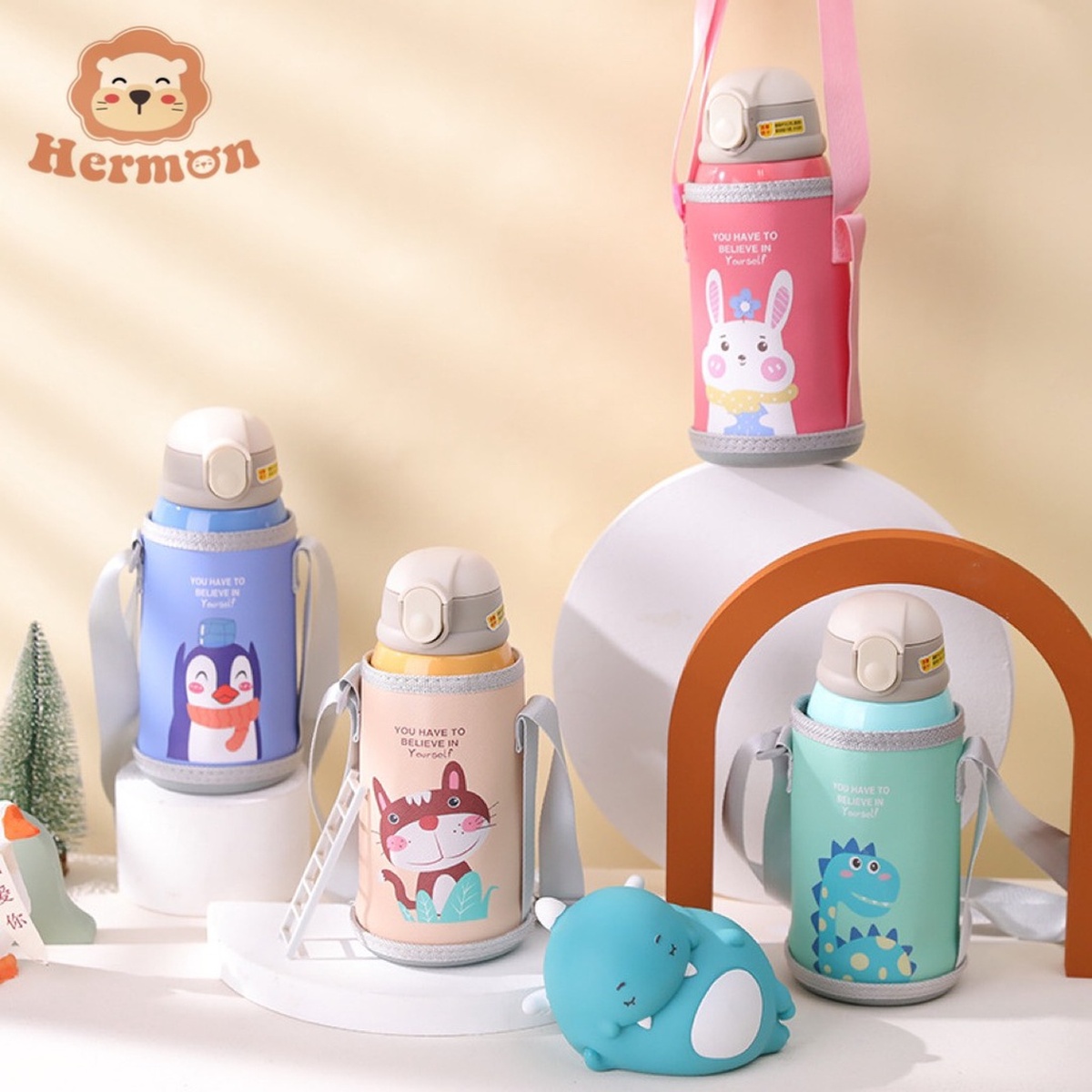 Bình nước giữ nhiệt Hermon Inox 2 nắp 600ml kèm cốc (Màu ngẫu nhiên) - mặt phải