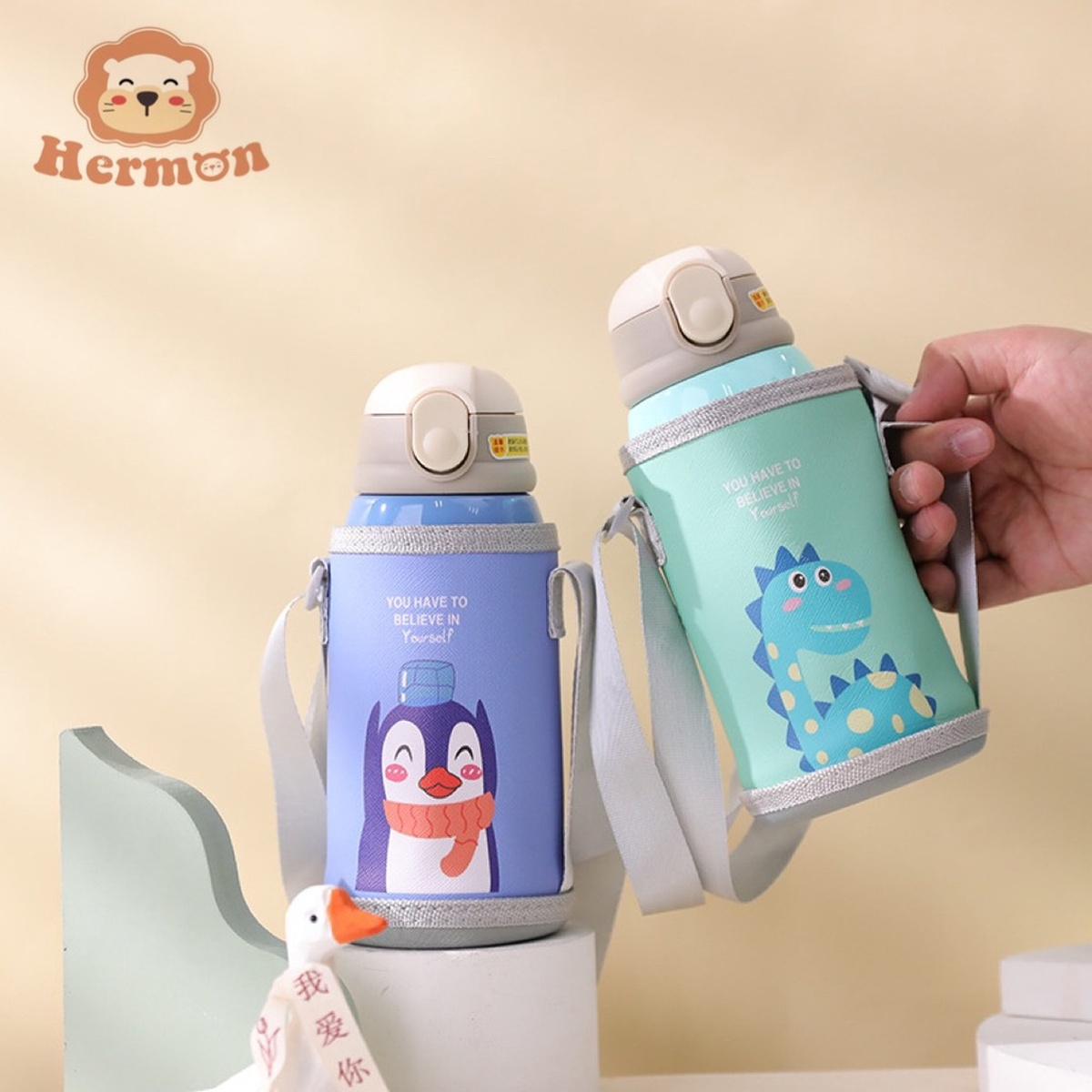 Bình nước giữ nhiệt Hermon Inox 2 nắp 600ml kèm cốc (Màu ngẫu nhiên) - mặt sau