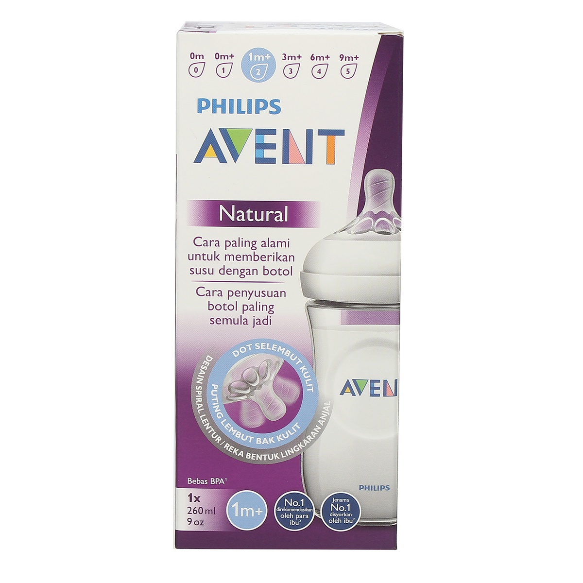 Bình sữa Avent 260ml (1 - 6 tháng) - góc nghiêng