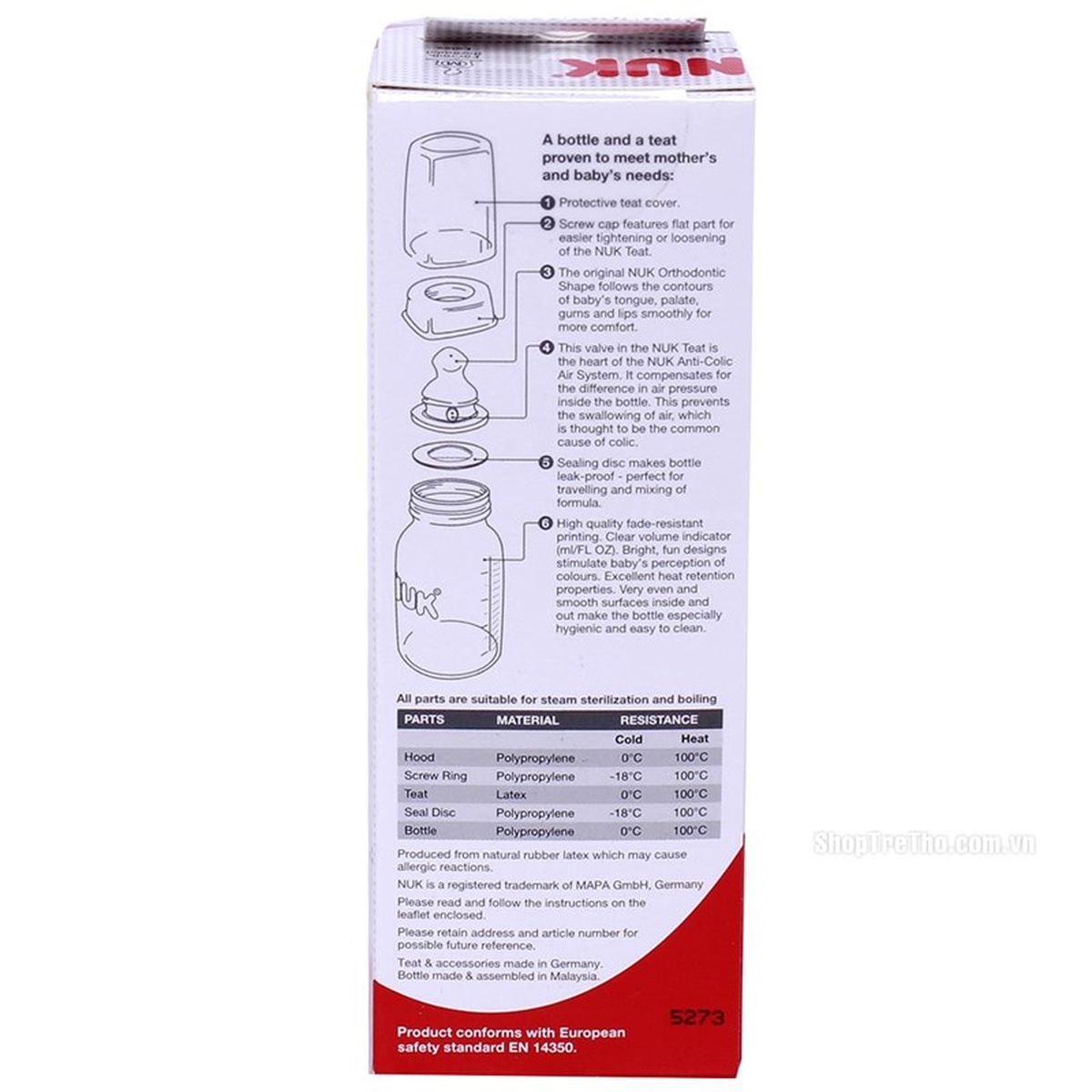 Bình sữa cao su cổ hẹp Nuk 110ml 743607 - mặt trái