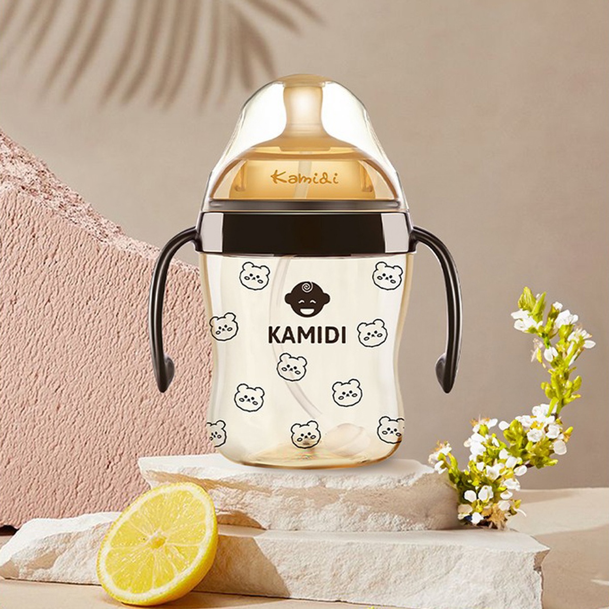 Bình sữa Kamidi PPSU in hình họa tiết gấu 210ml - mặt trái