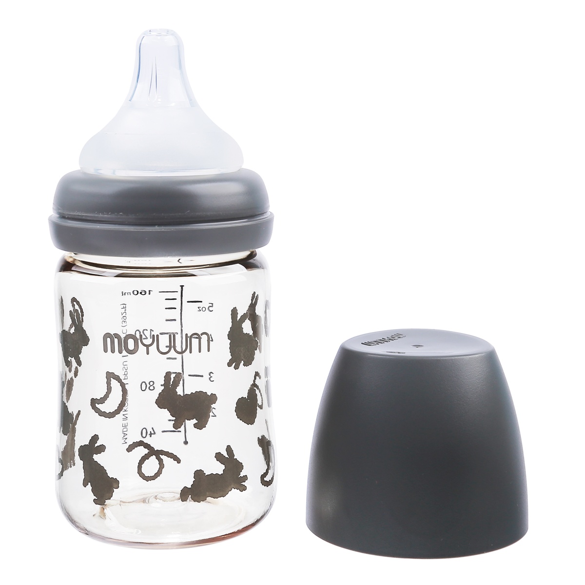 Bình sữa Moyuum màu xám in hình thỏ Rabbit 170ml - mặt phải