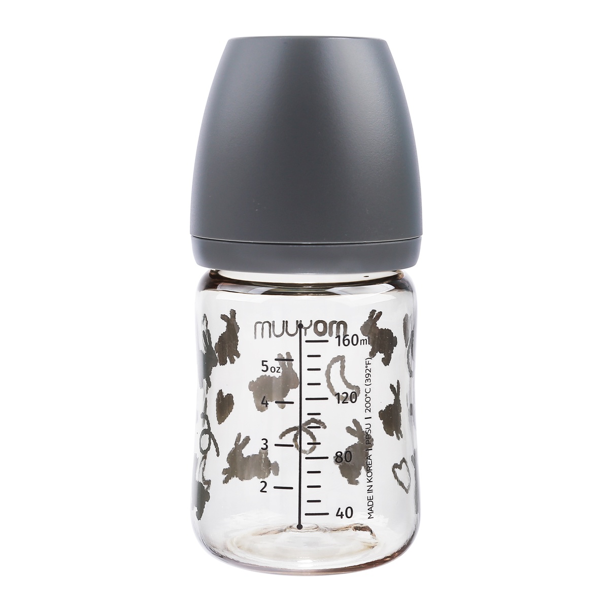 Bình sữa Moyuum màu xám in hình thỏ Rabbit 170ml - góc nghiêng